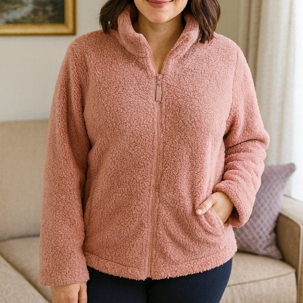 Croft & Barrow The Cozy Sherpa Jacket Fleece Faux Furr Pink Nikta Size XL